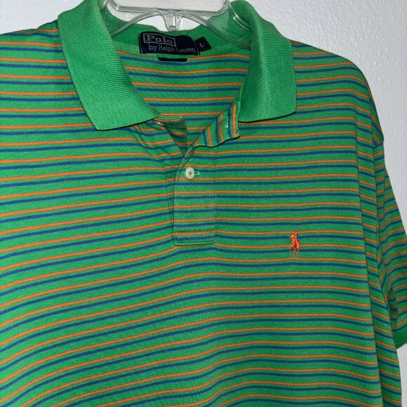 Polo Ralph Lauren Mens L Green Orange Blue Stripe Polo Shirt Short Sleeve Cotton - Picture 4 of 7